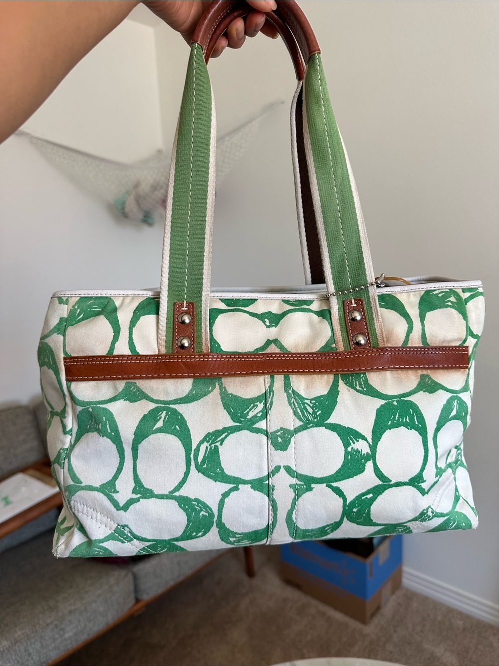 Coach Canvas Tote Bag with Green Print and Brown Leather Trim - Picture 3 of 9
